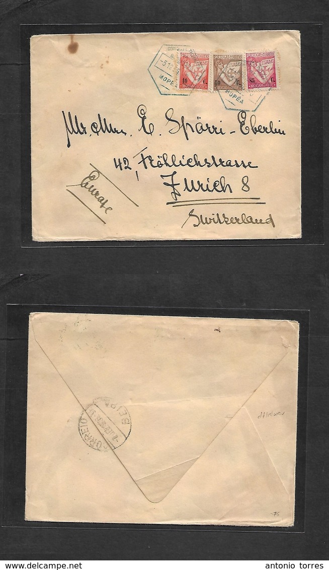 Portugal-Mozambique. 1936 (5 Dic) Mopea - Switzerland, Zurich. Via Beira. Multicolor Luisiadas Issue Multifkd Env, Blue  - Autres & Non Classés