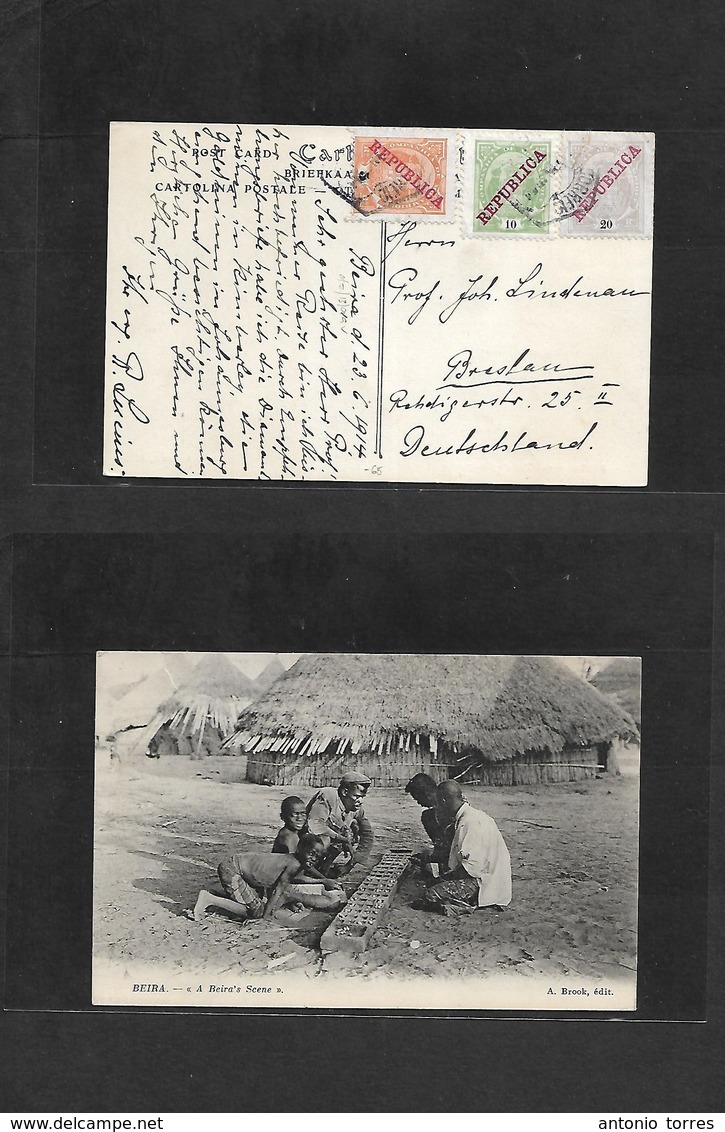 Portugal-Mozambique Company. 1914 (23 June) Beira - Germany, Breslau. Tricolor Multifkd Ppc, Hexagonal Cachets. Photo St - Other & Unclassified