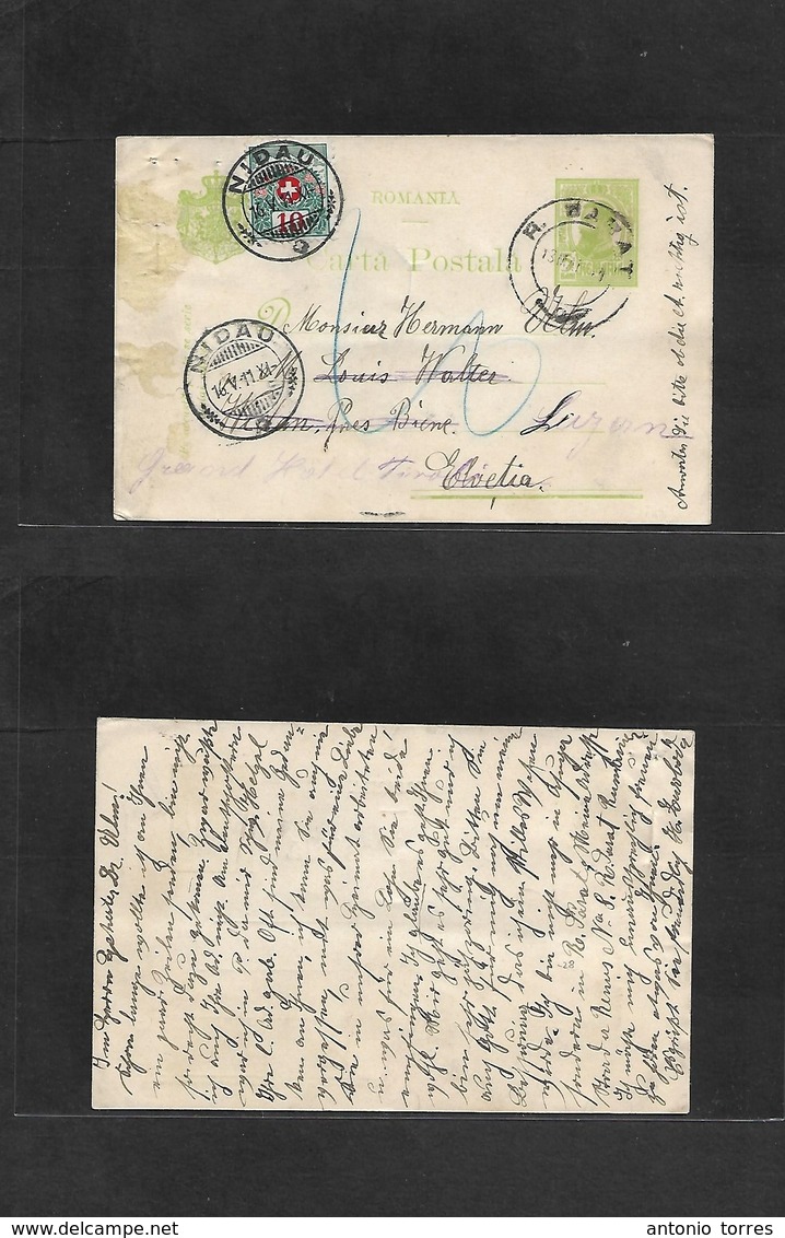 Romania. 1911 (13 May) R. Barat - Switzerland, Nidau (16 May) 5 Bani Green Stat Card, Taxed + Swiss Postage Due, Tied Ar - Andere & Zonder Classificatie