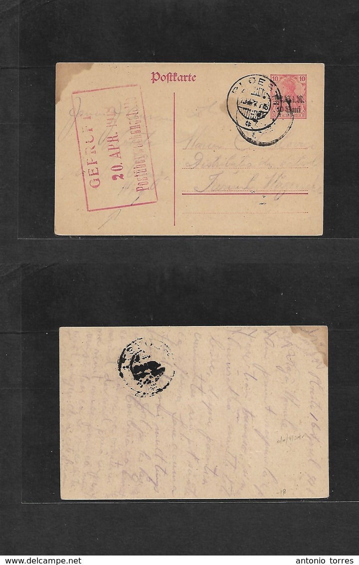 Romania. 1918 (16 April) German WWI Occup. Ploetz - Wagerote. Ovptd Germania Stat Card + Censor Red Cachet (20 Apr) Fine - Autres & Non Classés