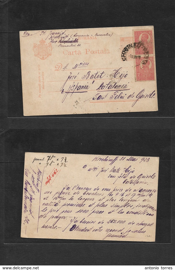 Romania. 1923 (1 June) Kischinolt, Basarabia - Spain, San Felin Guixols. Orange Stat Card + 2 Adtls, Cds. Better Destina - Autres & Non Classés
