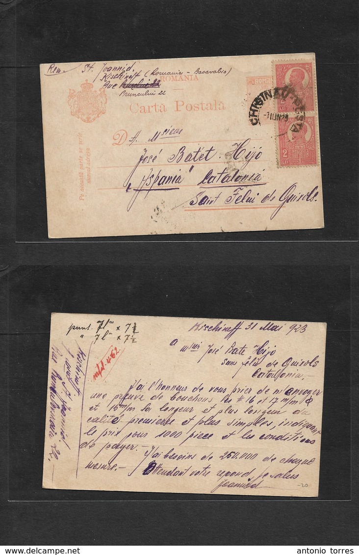 Romania. 1923 (1 June) Kischinolt, Basarabia - Spain, San Felin Guixols. Orange Stat Card + 2 Adtls, Cds. Better Destina - Andere & Zonder Classificatie