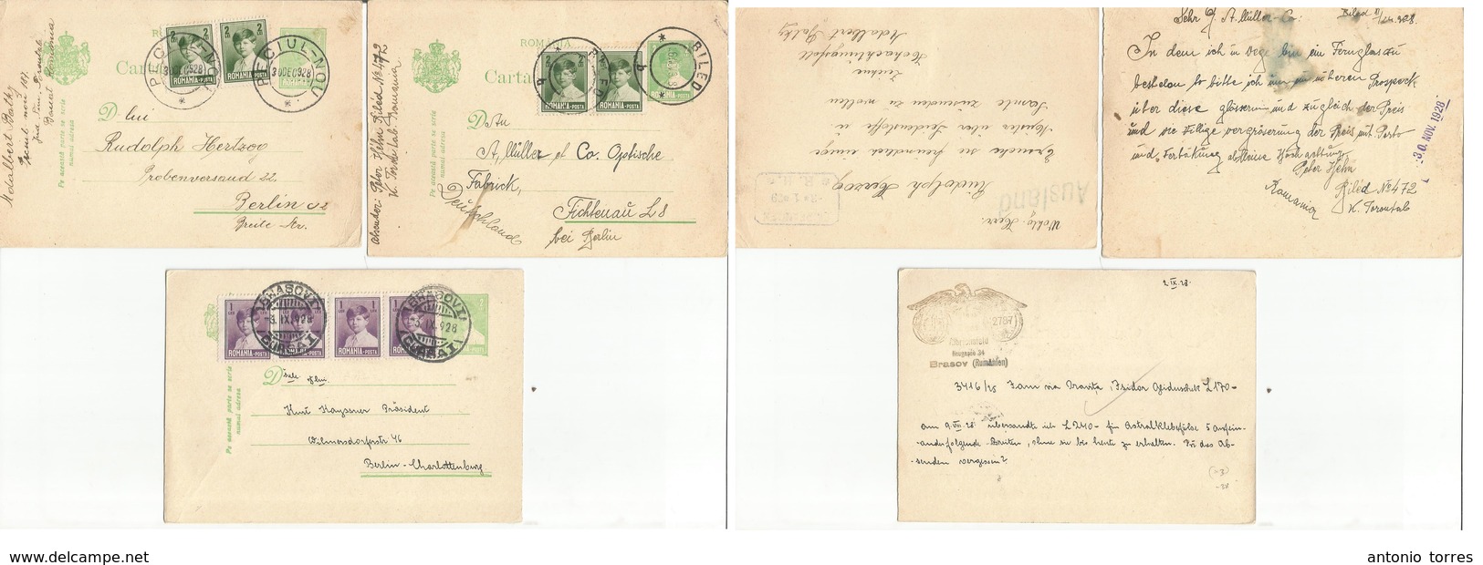 Romania. 1928. Three Diff 2 Lei Green Stat Cards + Adtls, Addressed To Germany. Cities: Biled, Reciul Nou, Brasovi. - Autres & Non Classés