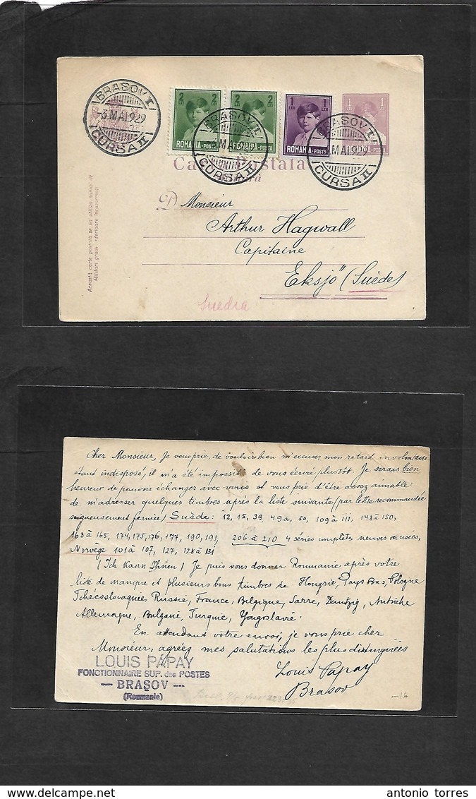 Romania. 1929 (3 May) Brasov - Sweden, Eksjo. 1lei Lilac + 3 Adtls Stat Card, Tied Cds. VF Used. - Sonstige & Ohne Zuordnung