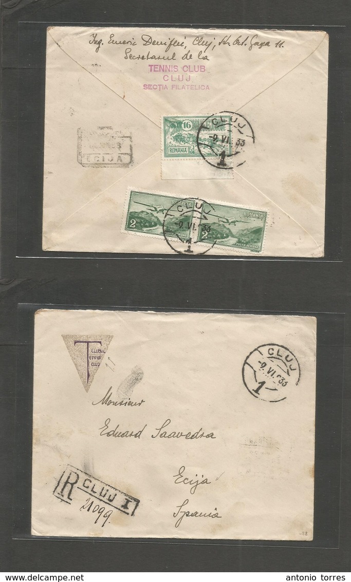 Romania. 1933 (9 June) Cluj - Spain, Ecija (16 June) Registered Reverse Multifkd Env. Tennis Club Section Printed Cover - Autres & Non Classés