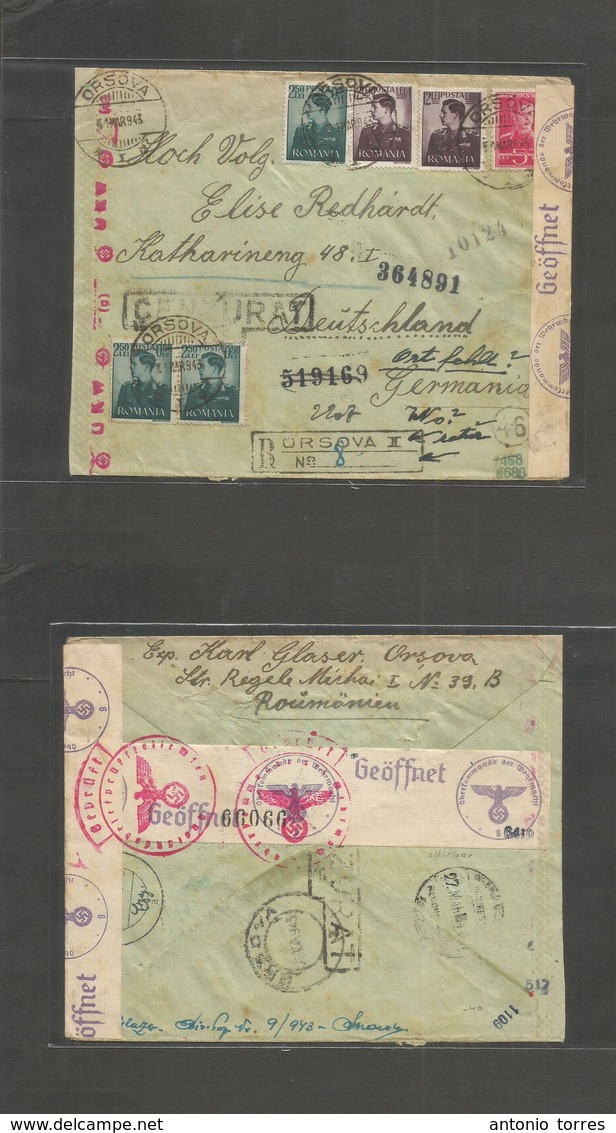 Romania. 1943 (1 March) Orsova - Germany. Registered Double Censored Multifkd Envelope. Plenty Cacheted. - Autres & Non Classés