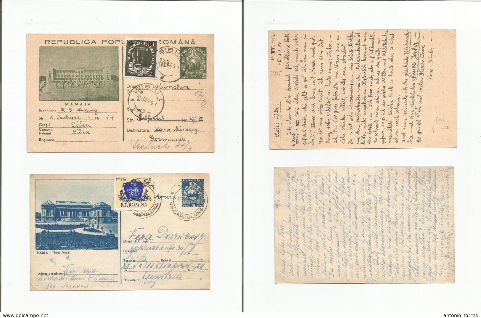 Romania. 1953-56. Pair Of Illustrated Stat Card + Adtls Sent To Hungary And Germany, Respectively. - Andere & Zonder Classificatie