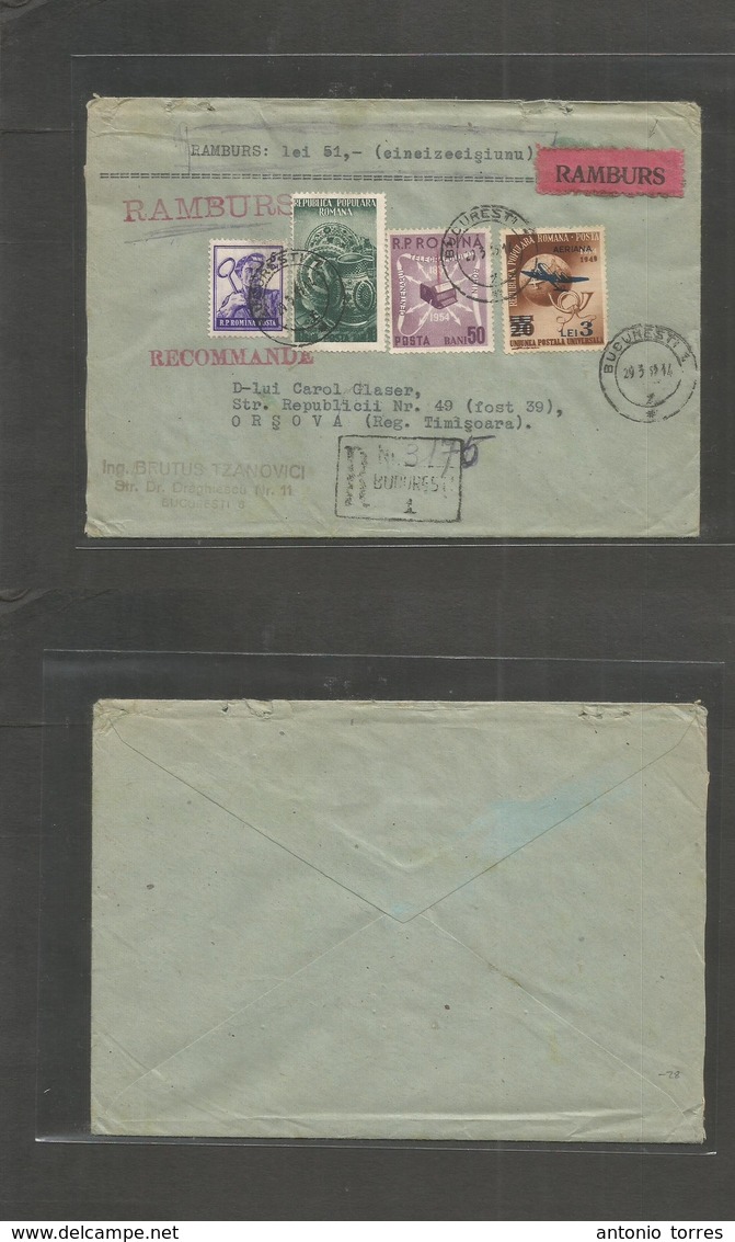 Romania. 1955 (29 March) Bucarest - Orsova. Local Registered Insured Reimboursement Multifkd Env. VF. - Andere & Zonder Classificatie