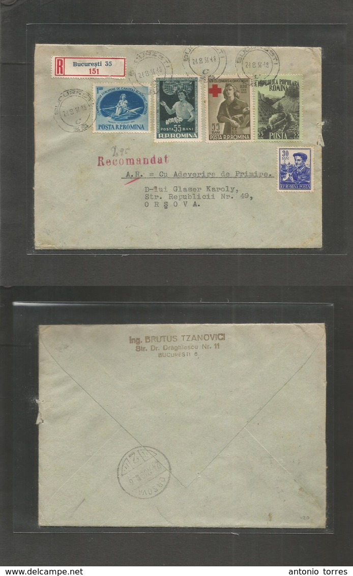 Romania. 1956 (21 Aug) Bucarest - Orsova (24 Aug) Registered AR Multifkd Env Incl Red Cross Issue. - Andere & Zonder Classificatie