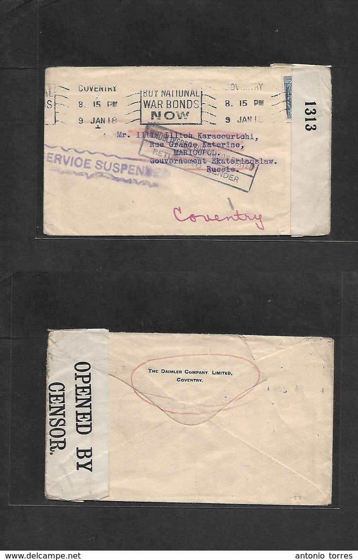 Russia. 1918 (Jan - Feb) UK, Coventry - Marioupol, Ekaterinoslaw. Fkd Env, Slogan Cachet, WWI Censor With Cachet RETURN  - Autres & Non Classés