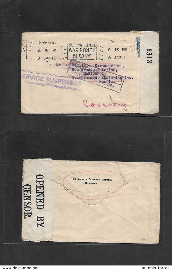 Russia. 1918 (Jan - Feb) UK, Coventry - Marioupol, Ekaterinoslaw. Fkd Env, Slogan Cachet, WWI Censor With Cachet RETURN  - Other & Unclassified