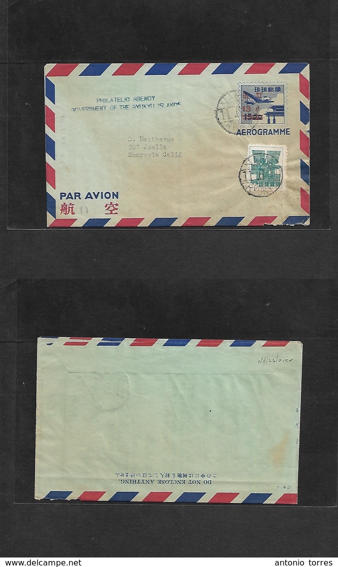 Ryukyu Islands. 1950 (11 June) Naha - USA, California. 13/15c Ovptd Stationary Letter Sheet + Adtl Early Local Issue 2c  - Ryukyu Islands