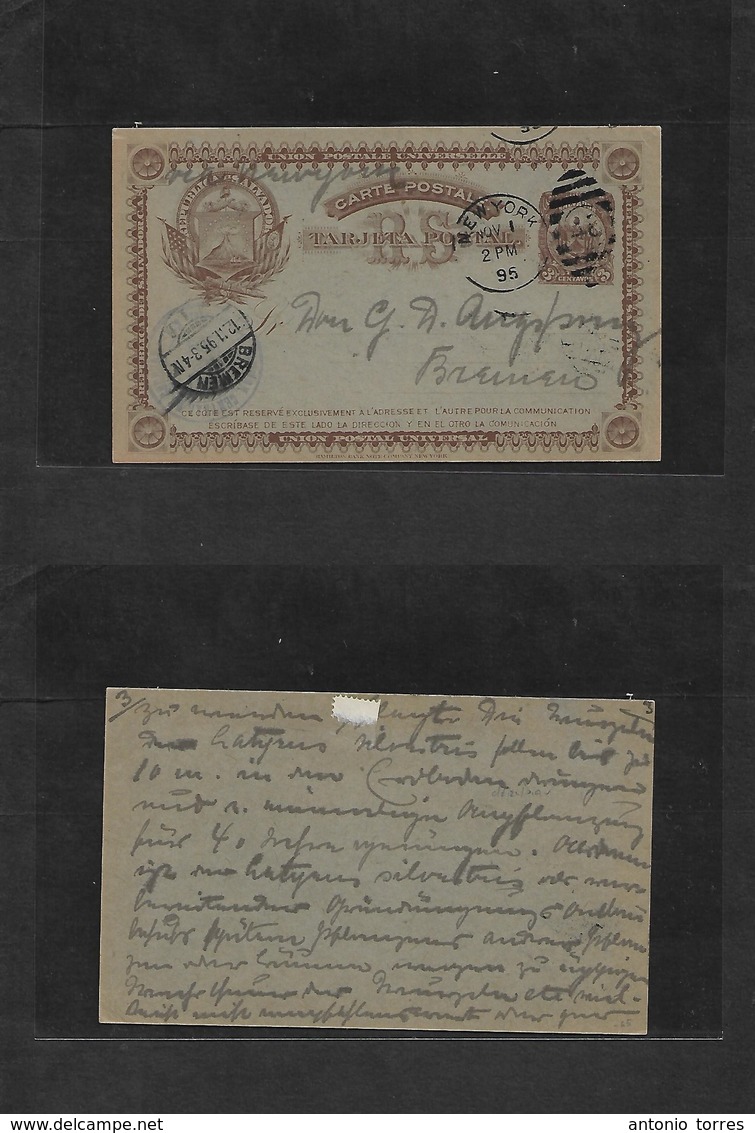 Salvador, El. 1895 (Oct) GPO - Germany, Bremen (12 Nov) Scarce Used 3c Brown Illustrated Stat Card Cancelled By NY Foreg - El Salvador