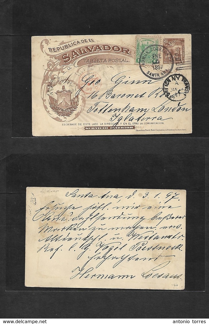 Salvador, El. 1897 (Ene 5)  Santa Ana - UK, Tottenham (23 Jan) Via NY. 2c Brown Stat Illustrated Card + 1c Green Adtl +  - Salvador