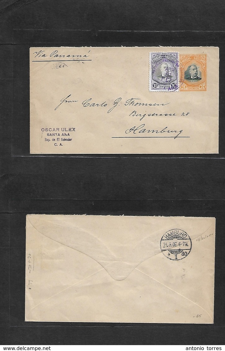 Salvador, El. 1907 (21 Abr) Santa Ana - Germany, Hamburg (21 May) 3c Orange/green Stat Envelope + 10c Lilac Adtl, Tied L - El Salvador