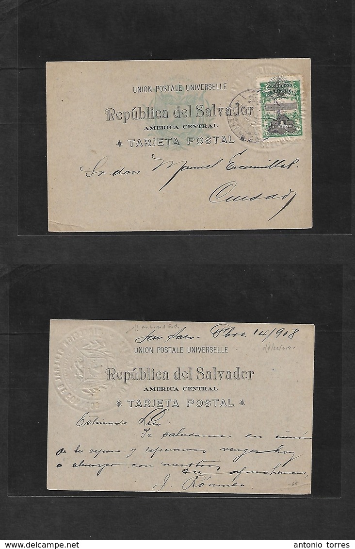 Salvador, El. 1908 (14 Febr) San Salvador Local (printed On Both Sides)used P.O Fkd Card + 1c Stamp With Official Emboss - Salvador