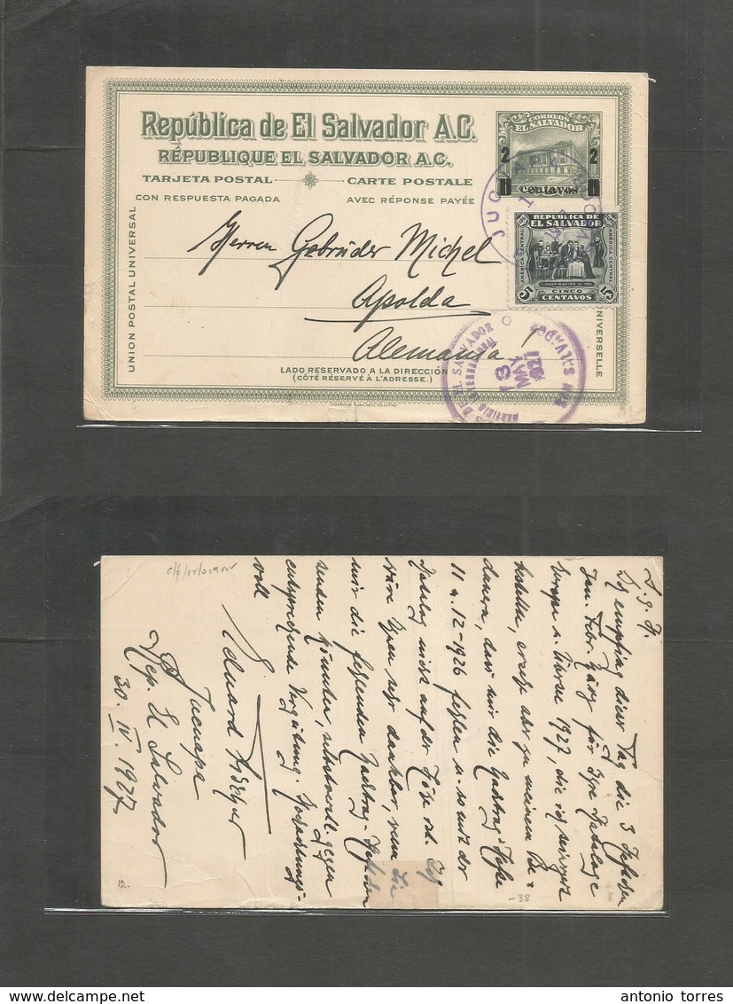 Salvador, El. 1927 (30 Apr) Jucuapa - Germany, Apolda 2c Ovptd Green Stat Card + Adtl. VF Cds. - El Salvador