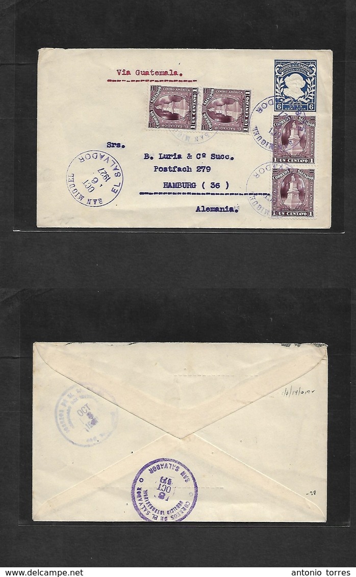 Salvador, El. 1927 (Oct 6) San Miguel - Germany, Hamburgo 6c Blue Stat Env + 4 Adtls Tied Lilac Cds. Via Guatemala. XF I - El Salvador