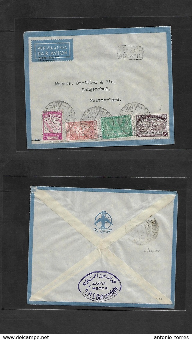 Saudi Arabia. 1946 (7 April) Mecque - Switzerland, Langenthal. Air Multifkd Alla Vittoria Printed Env, Fine Cds With Fou - Arabie Saoudite