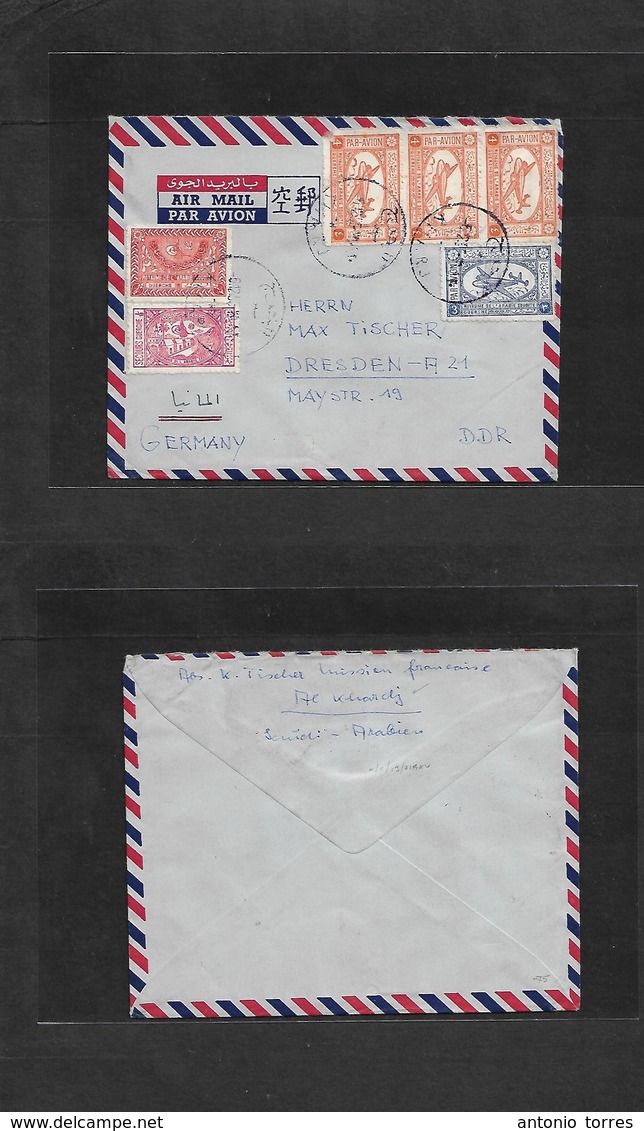 Saudi Arabia. 1955 (6 Dec) Khari, Khardj - East Germany, Dresden. Air Multifkd Env, Bilingual Cachet. Better Origin Vill - Saoedi-Arabië