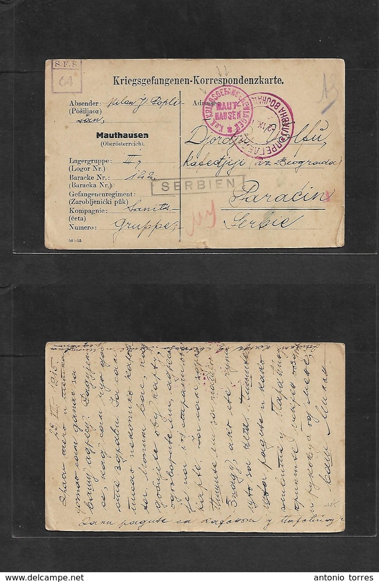 Serbia. 1915 (27 July) POW Internee At East Austria. MAUTHAUSEN. Free Card With Destination Paracin And Large Box "SERBI - Serbia