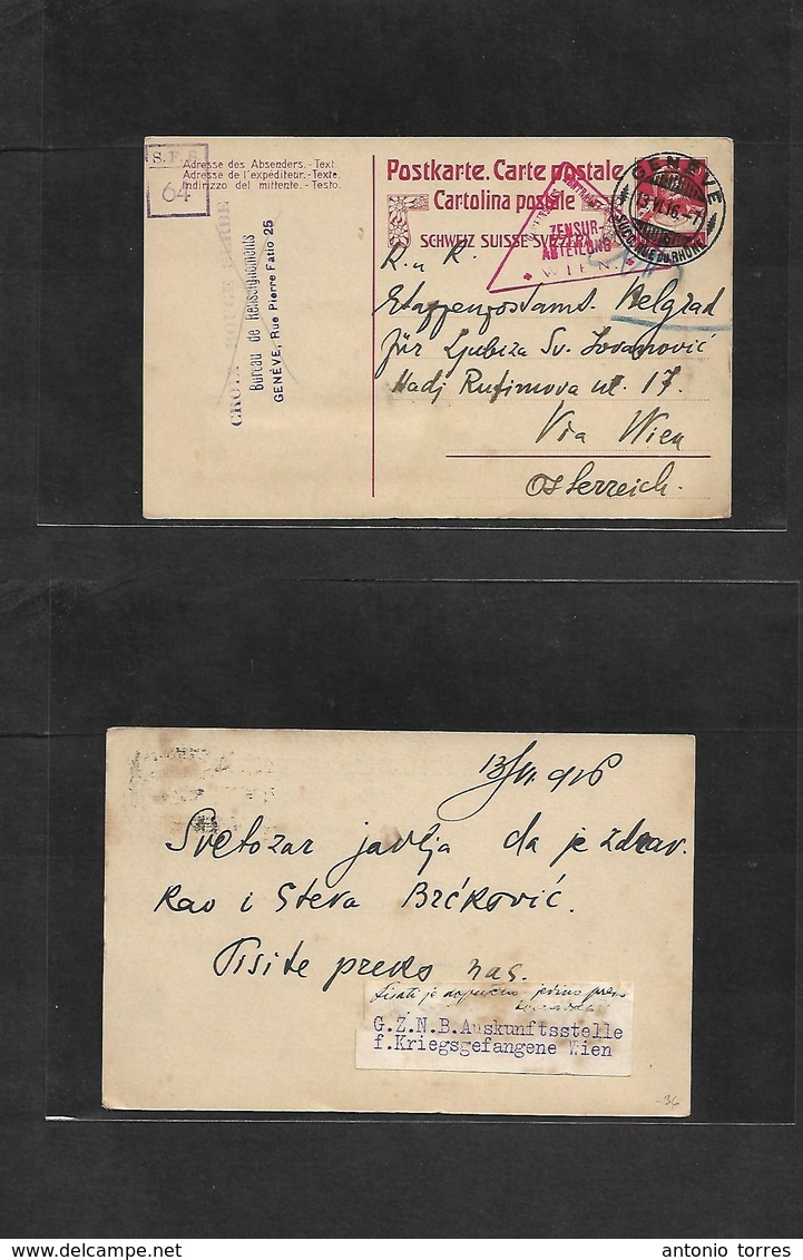 Serbia. 1916 (13 June) Switzerland, Geneva Serbia Red Cross. POW Mail To Austria, Via Wien. VF Strikes Of All Cachets, C - Serbia