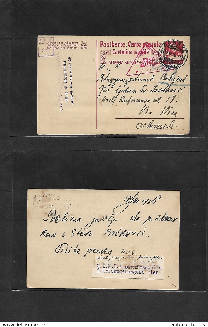 Serbia. 1916 (13 June) Switzerland, Geneva Serbia Red Cross. POW Mail To Austria, Via Wien. VF Strikes Of All Cachets, C - Servië