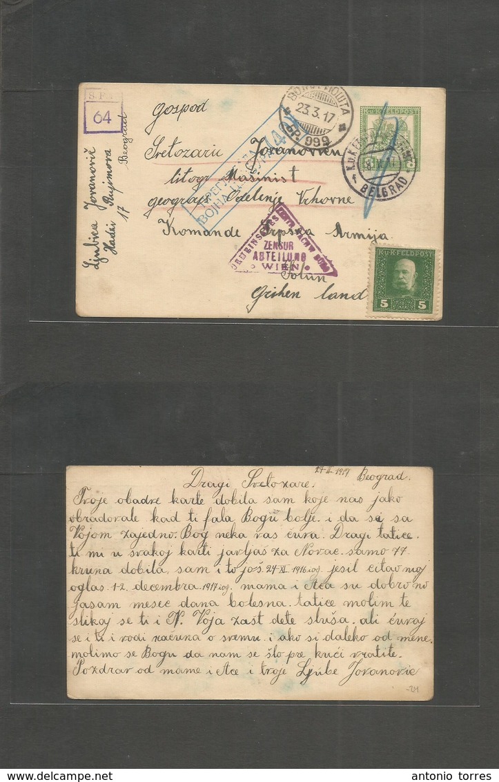 Serbia. 1917 (18 March) Belgrade - Greece, Solun. 8d Green Stat + Adtl, Serbia + Austria Censor Cachets. VF Nice Appeara - Serbia