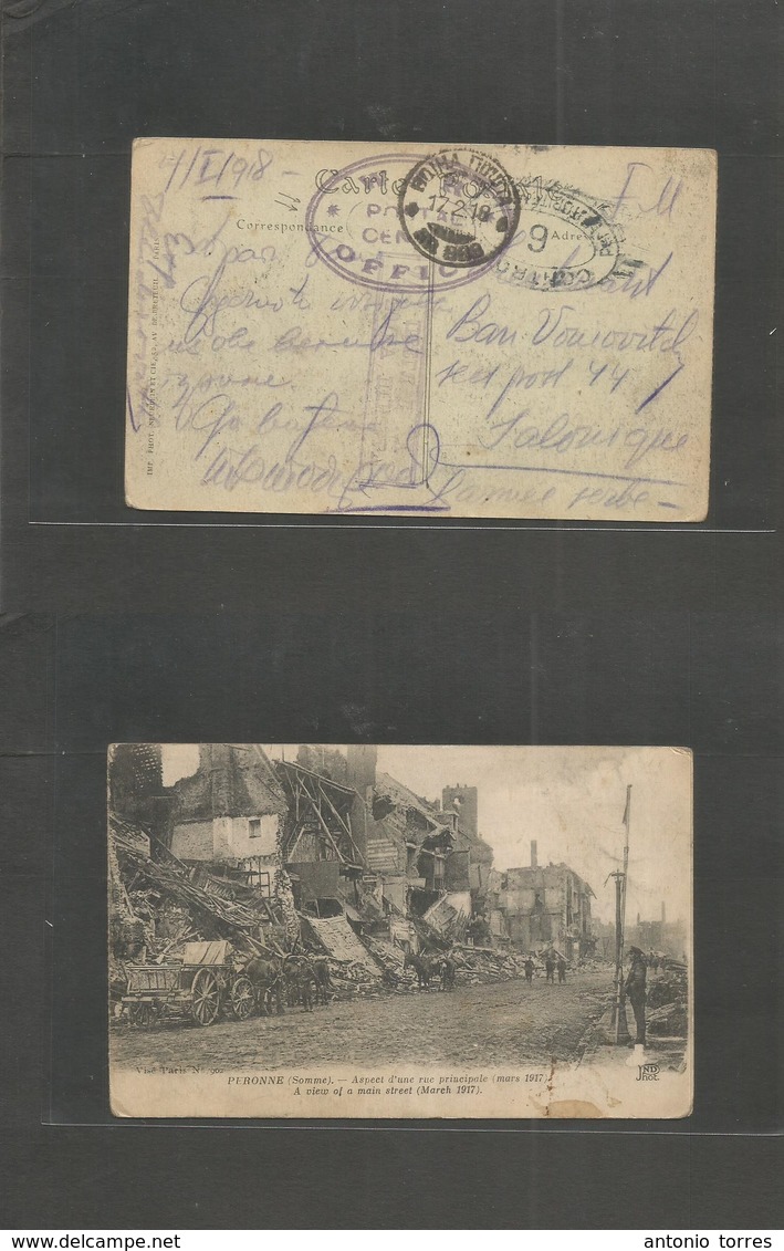 Serbia. 1918 (1 Jan) France - Salonique, Serbian Army (17 Feb 18) FM French War Ppc + British "war Office / Postal Censo - Serbie
