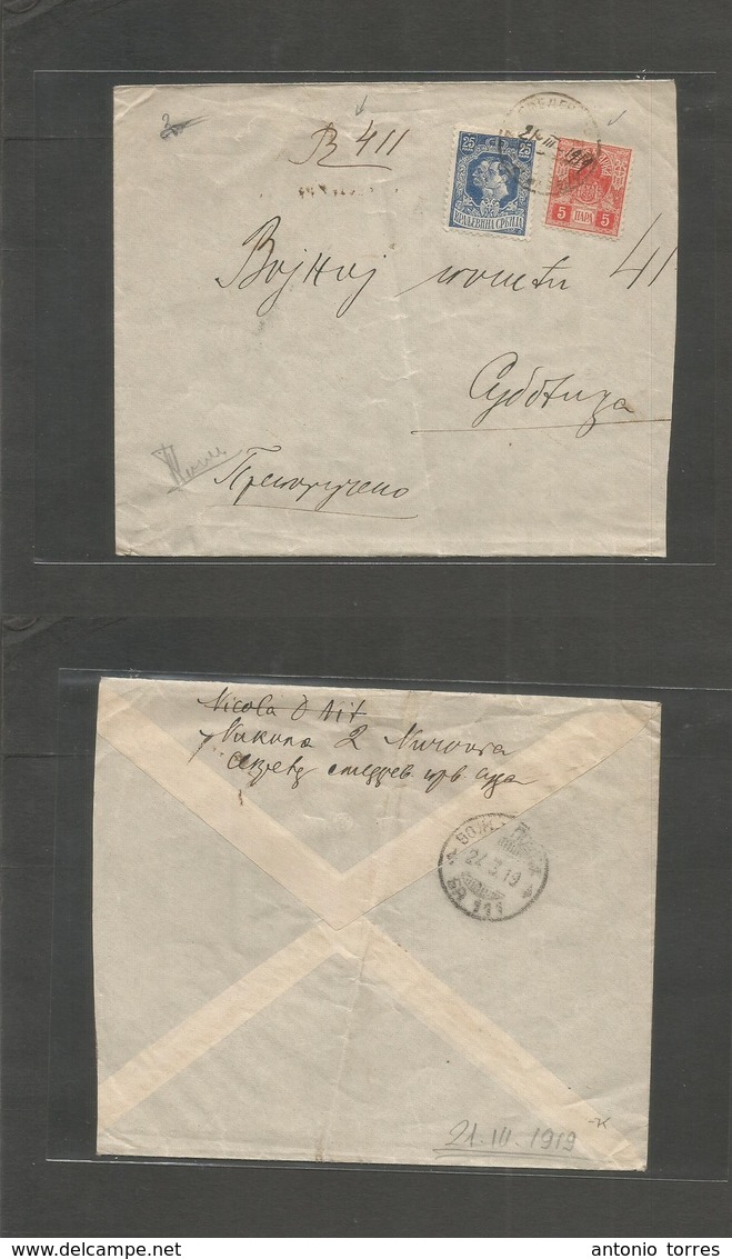 Serbia. 1919 (21 March) Registered Local Fkd Env 25p Blue + Special Mail Service Usage. 5p Red. Manuscript Date Cds Smal - Serbie