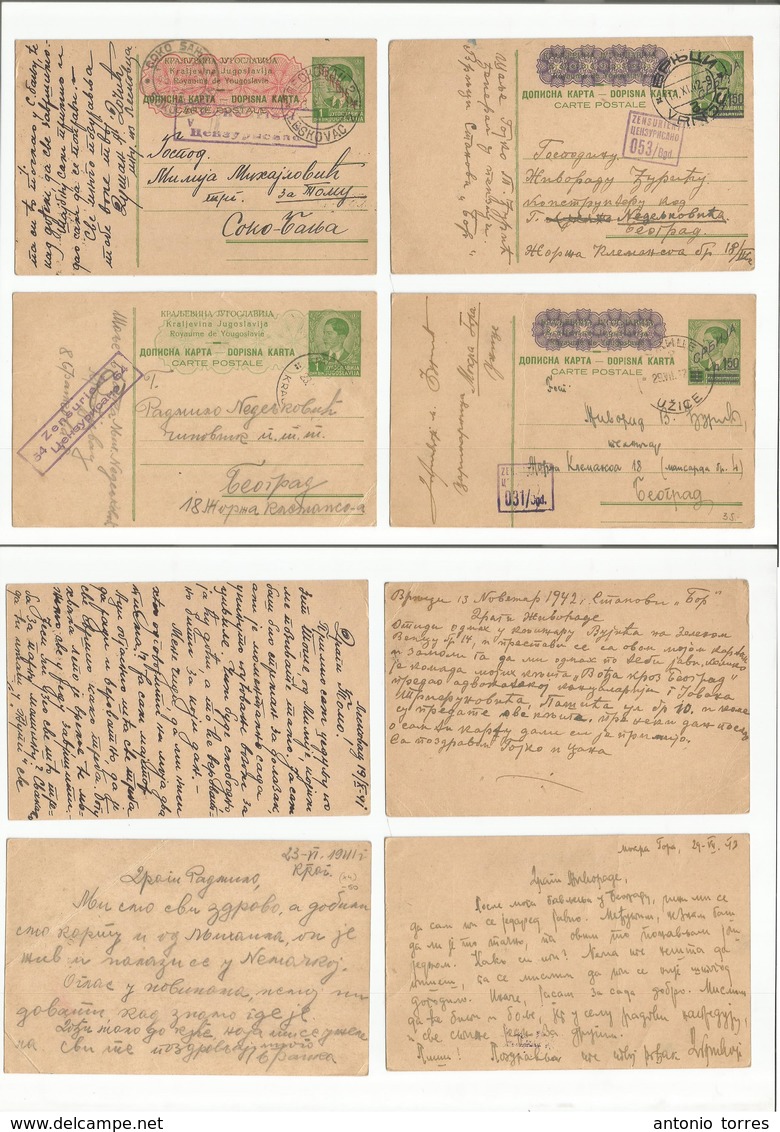Serbia. 1941-42. 4 Diff / Ovptd Stat Cards 1 Din Green. Diff Towns And Censor Cachets. Locally Used Incl Vri Ioci, Lesko - Serbia
