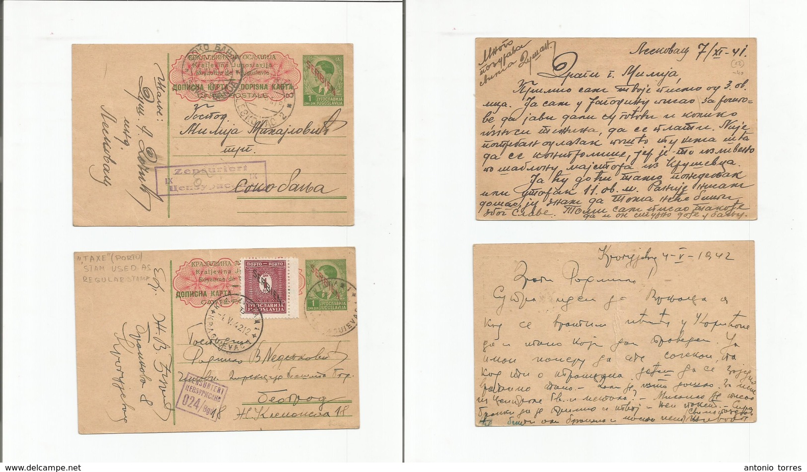 Serbia. 1941-42. Pair Of 1din Green Ovptd Stat Card, One With Adtl Provisional P. Due Used As Regular Franking + Censor  - Serbie