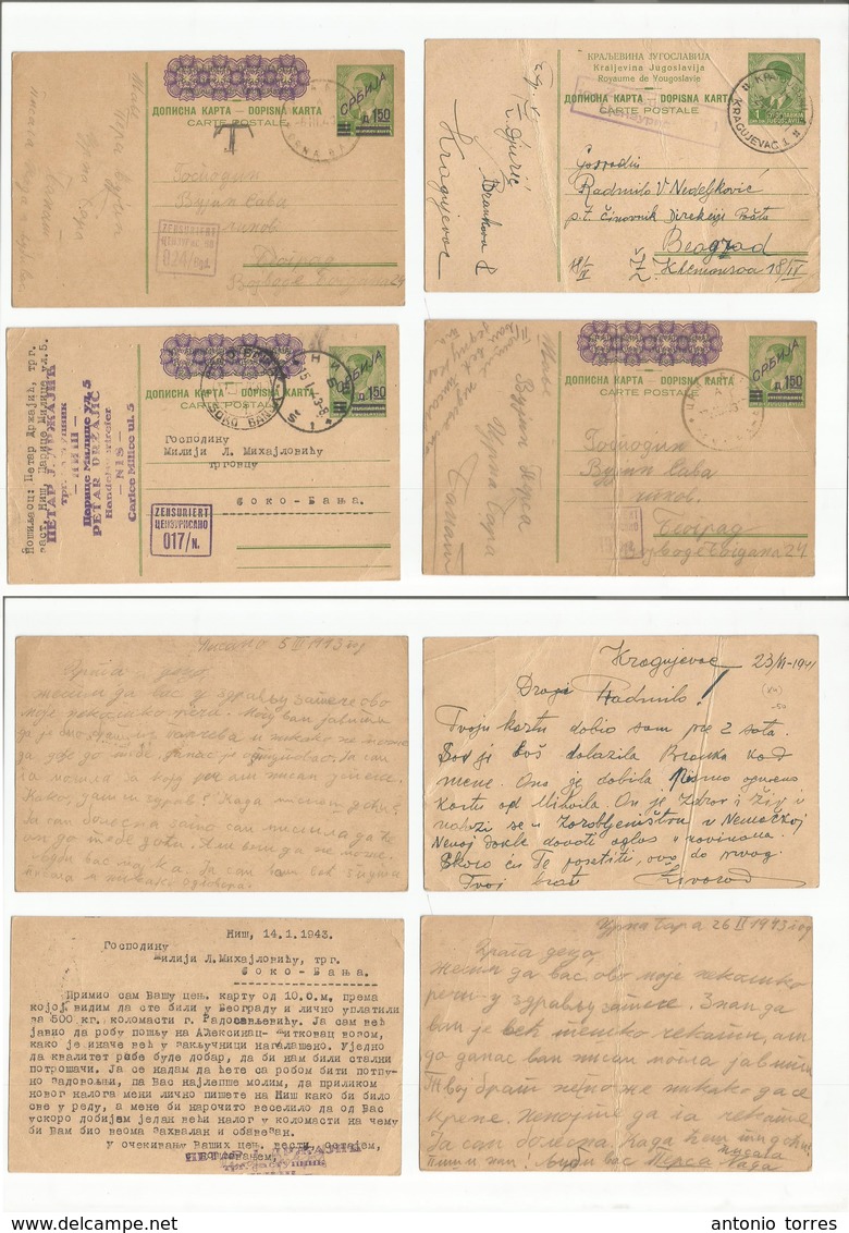 Serbia. 1941-43. 4 Diff Local Triple Ovptd + Unoverpinted Stationary 1 Din Cards. Town Cds + Censor Cachets Incl NIS, Kr - Serbia