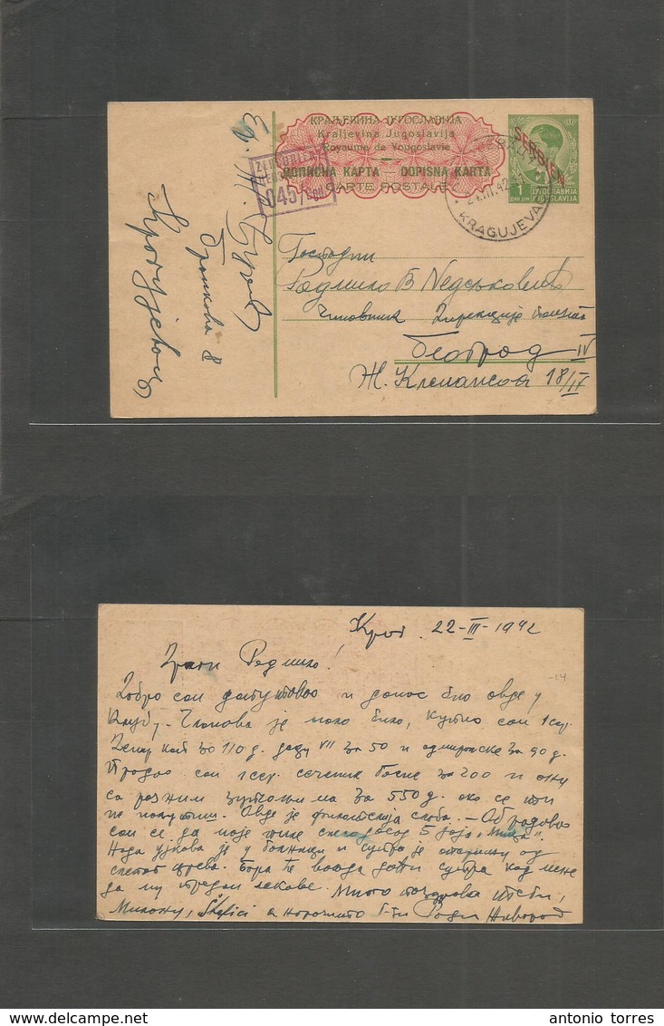 Serbia. 1942 (22 March) Knagujevac - Belgrade. 1 Din Green Ovptds Stat Card + Censor. VF Used, Nice Appearance. - Servië