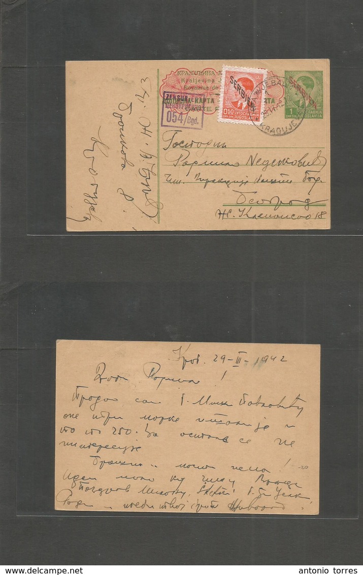 Serbia. 1942 (29 April) Kragujevac - Belgrade. 1 Din Green Stat Card, Red Ovptd + Adtl + Censor. VF Used. - Serbia