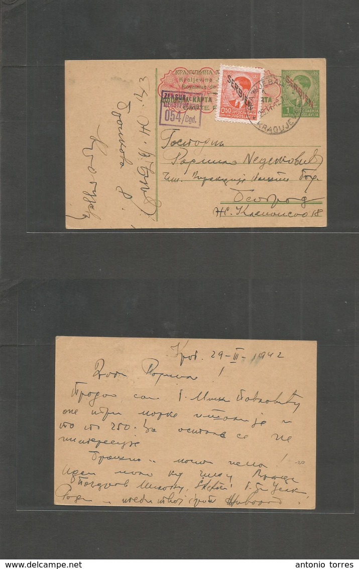 Serbia. 1942 (29 April) Kragujevac - Belgrade. 1 Din Green Stat Card, Red Ovptd + Adtl + Censor. VF Used. - Serbie