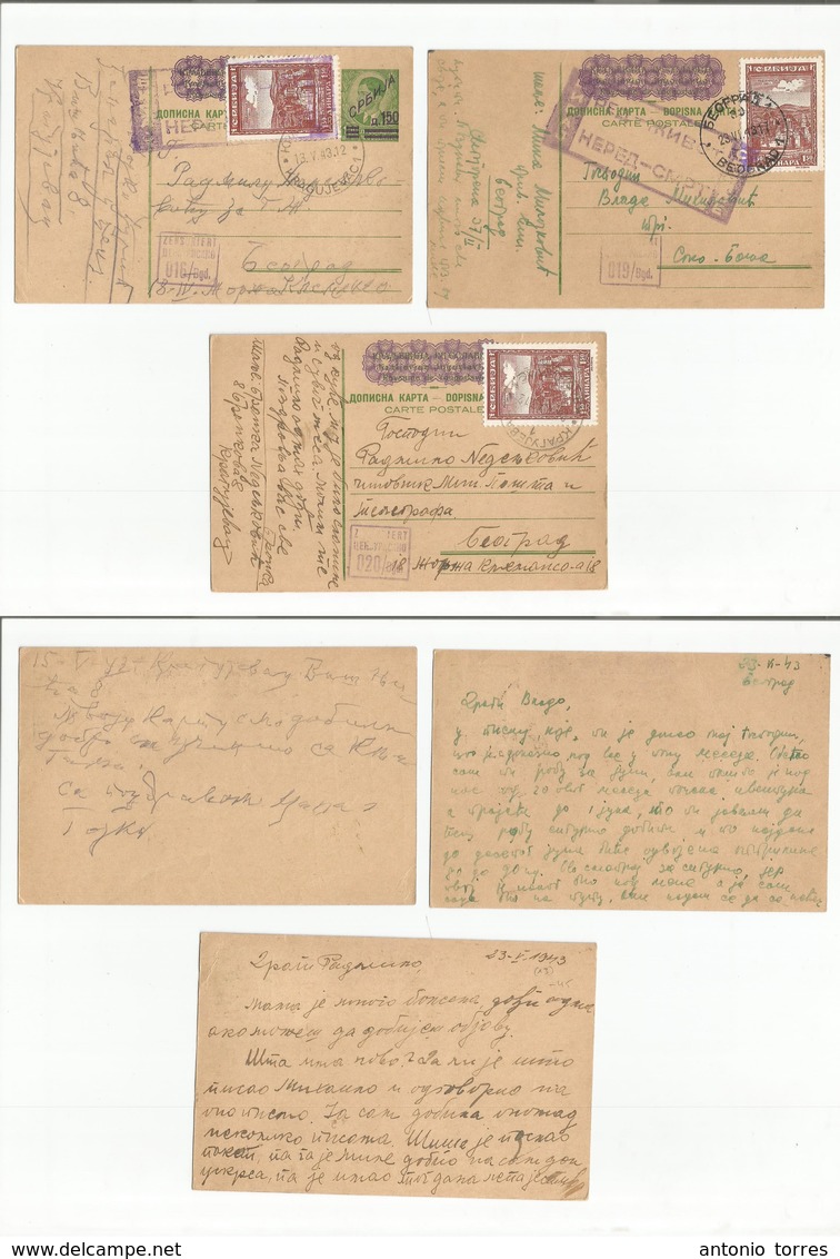 Serbia. 1943. 3  Multifkd + Cancelled + Reoverprinted 1,50 Dinar Green Stat Cards, Diff Censor Cachets + Towns Incl Belg - Serbia