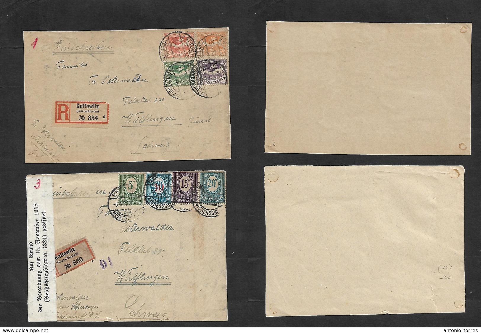 Silesia. 1920 (6-29 April) Poland, Kattowitz - Switzerland, Wulflingen. Two Multifkd Fronts, One Registered. The Other F - Silésie