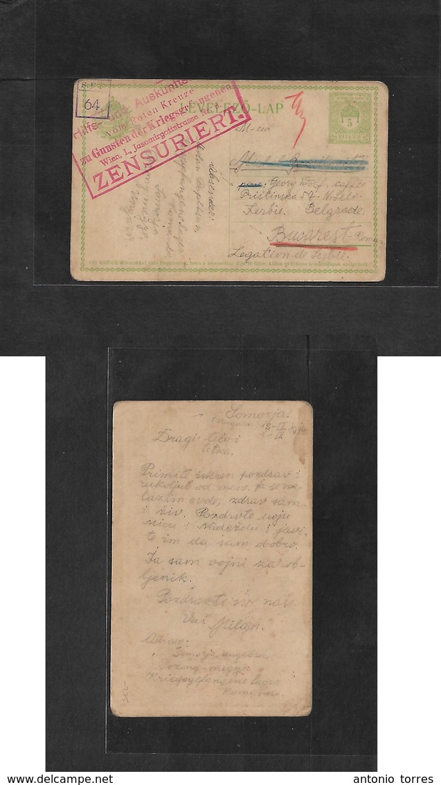 Slovakia. 1914 (12 Sept) Hungary Postal Admin. WWI Somorja - Bucarest, Romania. POW Serbian Mail. 5 Fill Green Stat Card - Andere & Zonder Classificatie