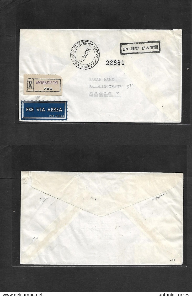 Somalia. 1954 (14 Oct) Mogadiscio - Sweden, Stockholm. Registered Cash Paid "port Paye" Airmail Envelope. VF Bilingual C - Somalië (1960-...)