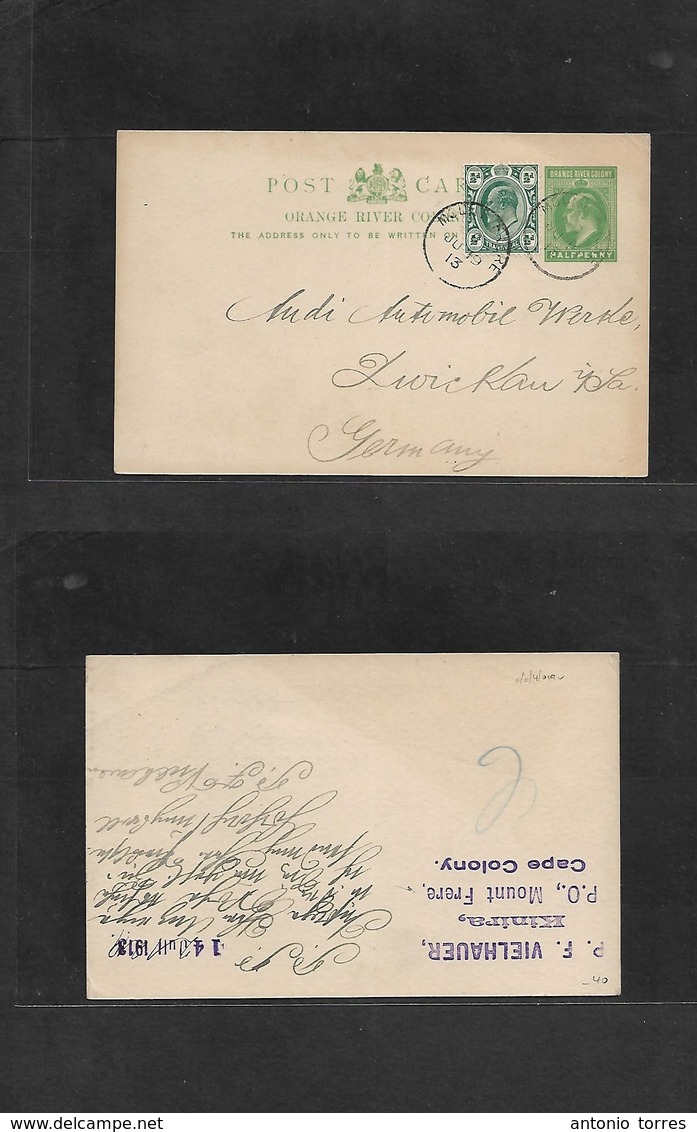 South Africa. 1913 (19 June) ORC, Kinira. Mount Frere - Germany, Zwickan 1/2d Green Stat Card + 1/2d Adtl, Cds. Fine Use - Autres & Non Classés
