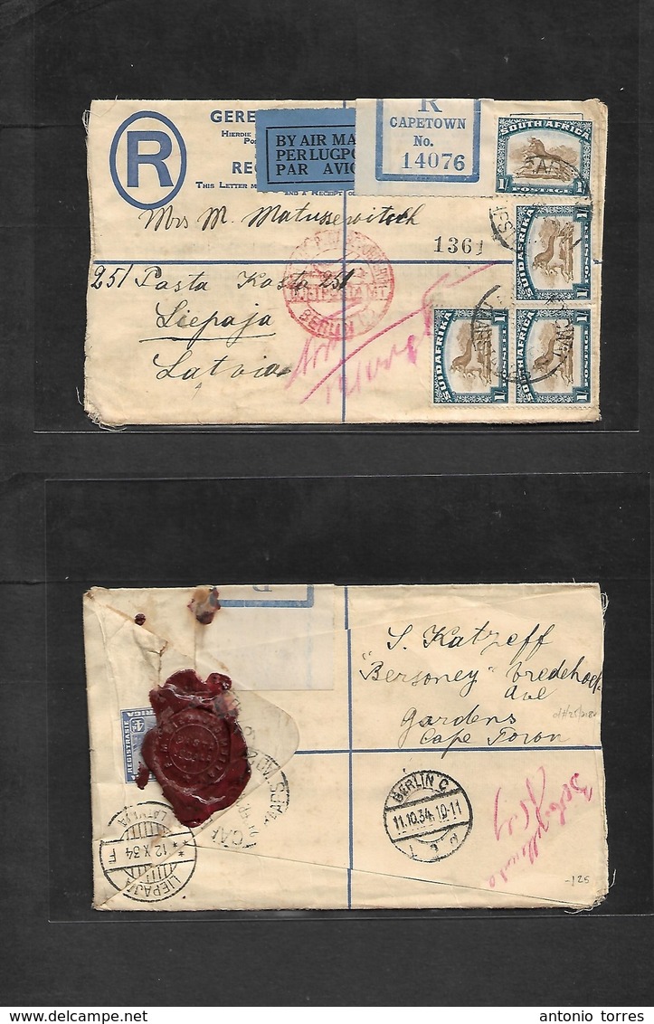 South Africa. 1934 (Sept) Capetown, Gardens - Latvia, Liepaja (12 Oct) Via Berlin (11 Oct). Airmail German Red Cachet +  - Andere & Zonder Classificatie