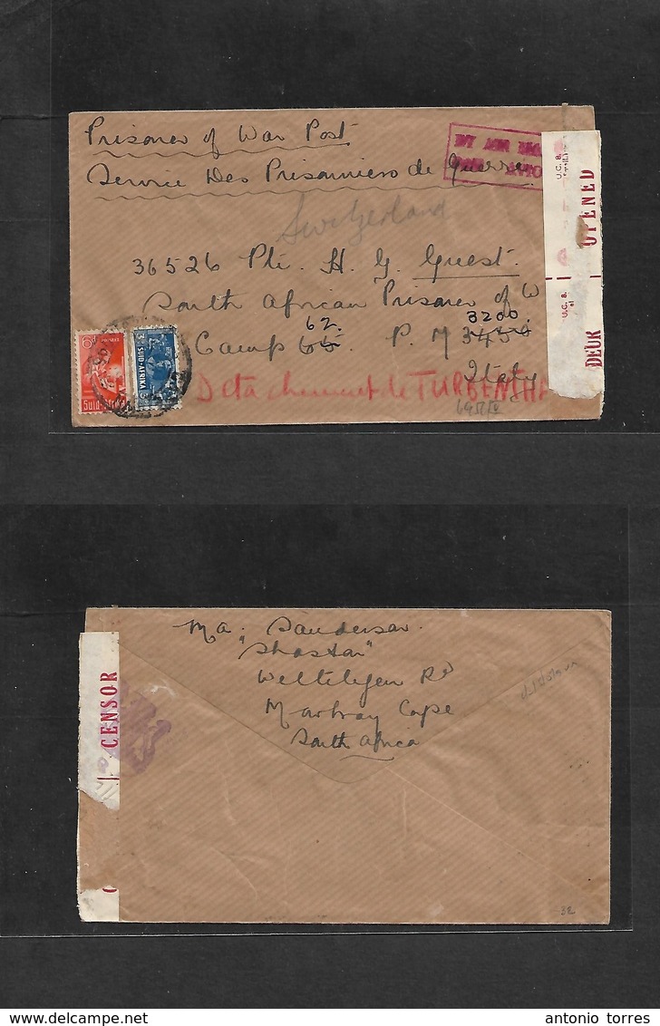 South Africa. 1943. Capetown - Italy. POW At Italian Cap. Fkd Airmail Env + Depart Censor Over. Scarce Item. - Andere & Zonder Classificatie