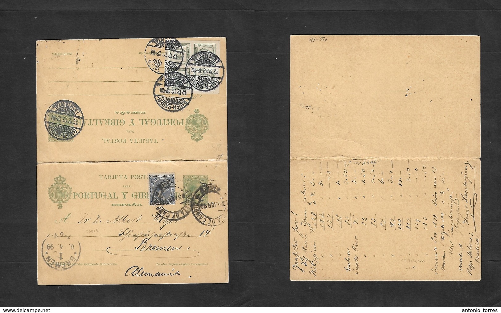 E-Enteros Postales. 1899 (5 Abr) Madrid - Alemania, Bremen (8 April) Entero Postal Pelon 5c Verde Doble Con Franqueo Adi - Other & Unclassified