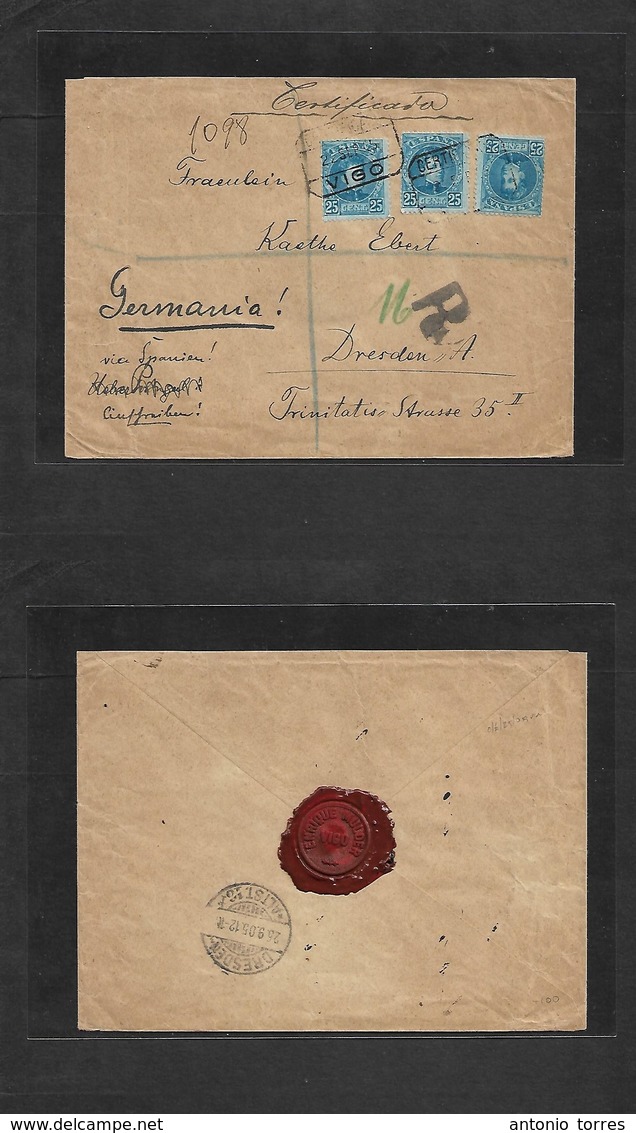 E-Alfonso Xiii. 1905 (22 Sept) Vigo, Pontevedra - Alemania, Dresden (26 Sept) Bonito Sobre Certificado Censor Cadete 25c - Autres & Non Classés