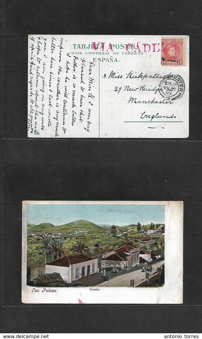 E-Provincias. 1909 (Marzo) Canarias, Las Palmas - Gran Bretaña, Manchester (7 March) TP Franqueado Con Escasa Marca En R - Autres & Non Classés