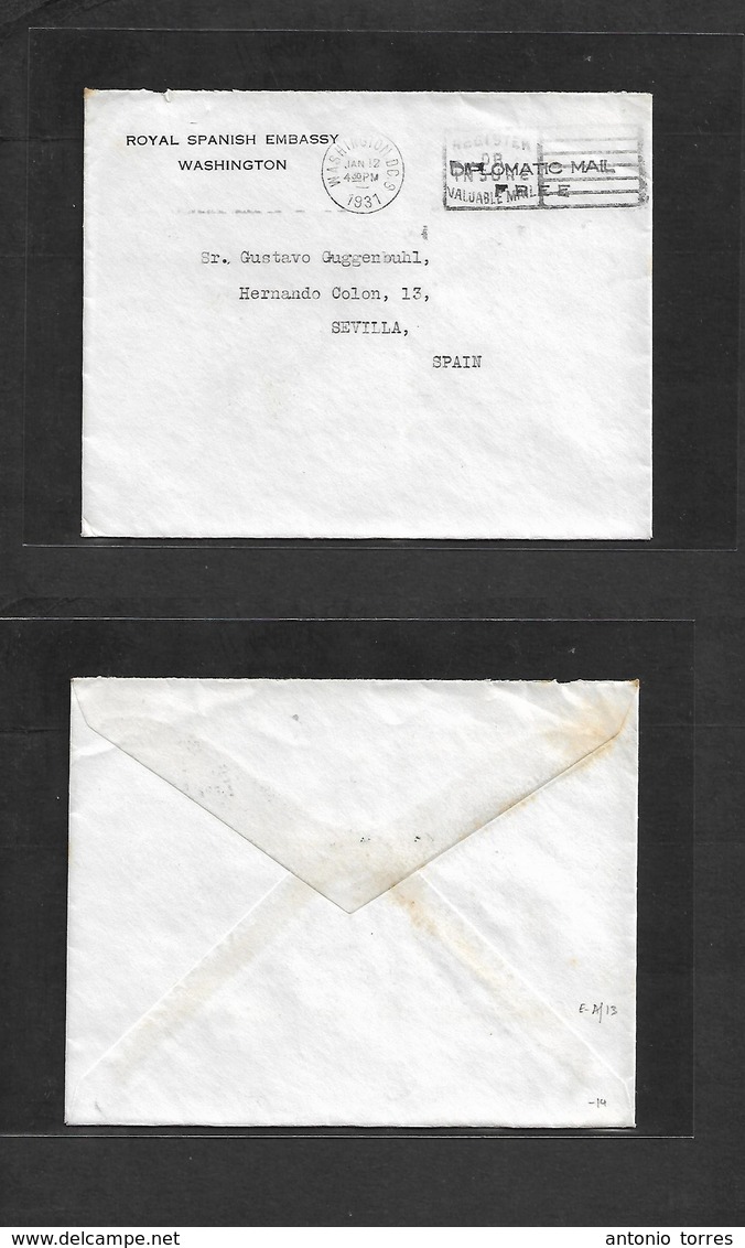 E-Alfonso Xiii. 1931 (Jan 12) Embajada España En USA. Washington - Sevilla. Franquicia Diplomatica Royal Embassy. - Autres & Non Classés