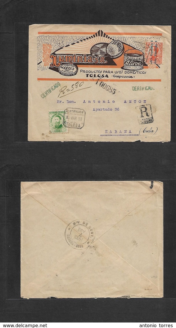 E- Ii Republica. 1933 (23 Marzo) Tolosa, Guipuzcoa - Cuba, Habana (7 April) Bonito Sobre Ilustrado A Color Luminia Crema - Autres & Non Classés