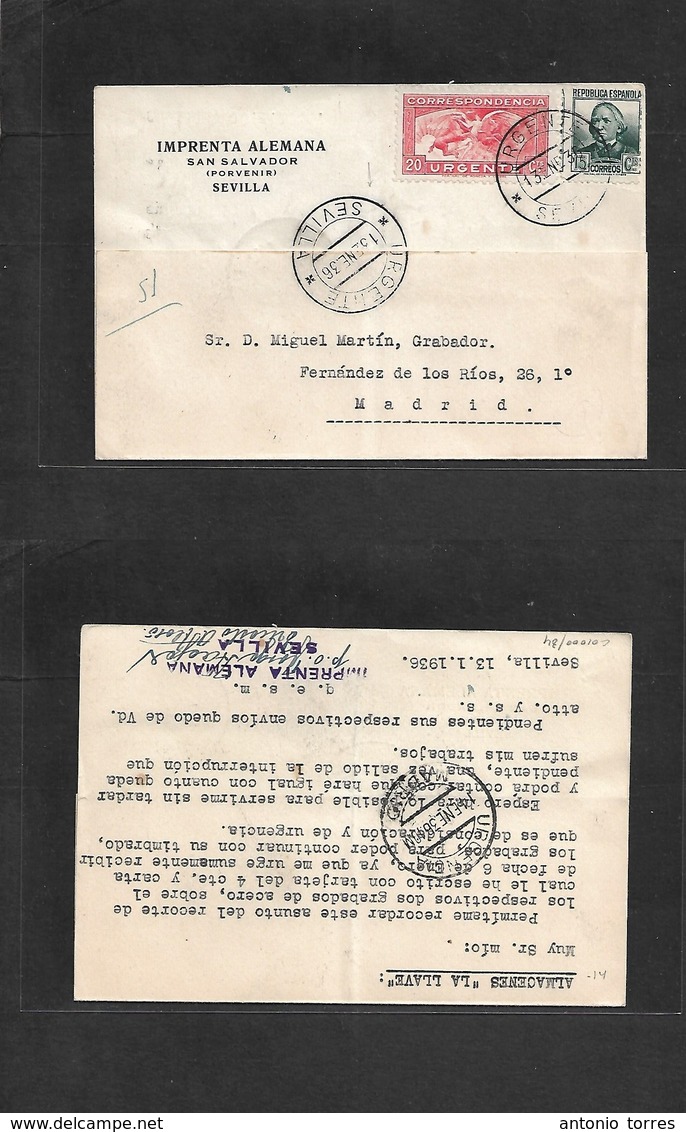 E-Provincias. 1936 (13 Enero) Sevilla Urgente - Madrid (14 Enero) Tarjeta Privada Con Franqueo Especial De Este Servicio - Otros & Sin Clasificación