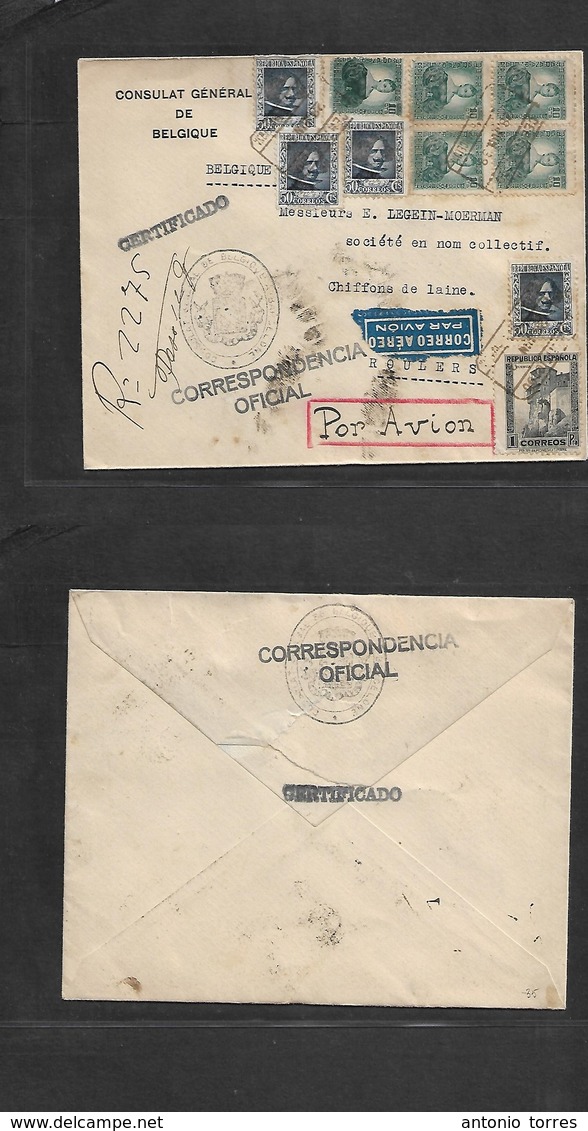 E-Guerra Civil. 1936 (28 Junio) Barcelona - Belgica, Roulers Servicio Consular. Sobre Certificado Via Aerea Franqueo Mul - Andere & Zonder Classificatie